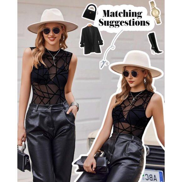 Women’s Sheer Mesh Bodysuit Sleeveless See-Through Top Going Out Casual - Picture 4 of 6